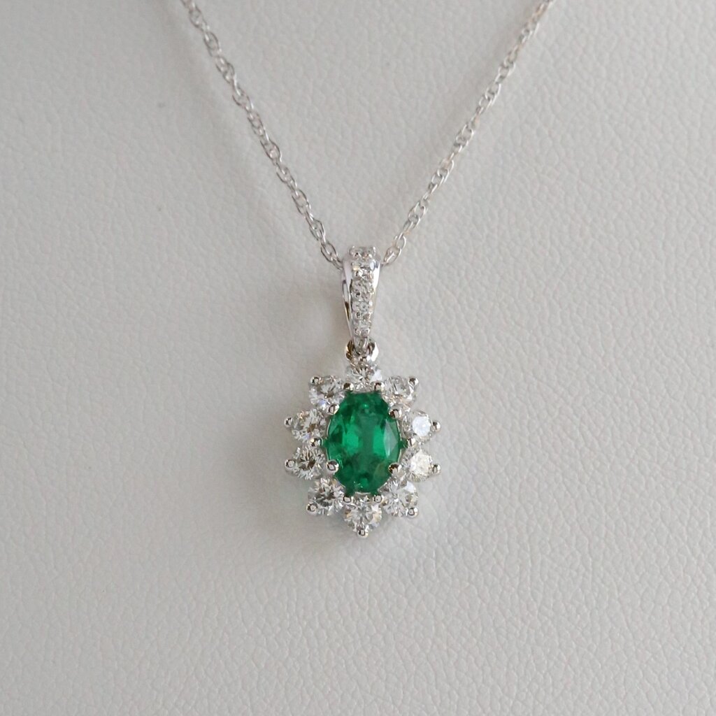 American Jewelry 18k White Gold .64ct Emerald .75ct Diamond Oval Halo Necklace