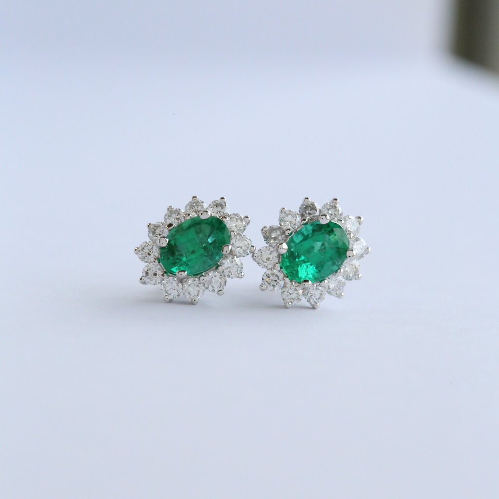 American Jewelry 18k White Gold 1.65ct Emerald .93ct Diamond Oval Halo Earrings