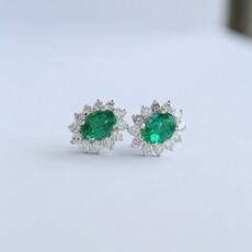 American Jewelry 18k White Gold 1.65ct Emerald .93ct Diamond Oval Halo Earrings