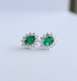 American Jewelry 18k White Gold 1.65ct Emerald .93ct Diamond Oval Halo Earrings