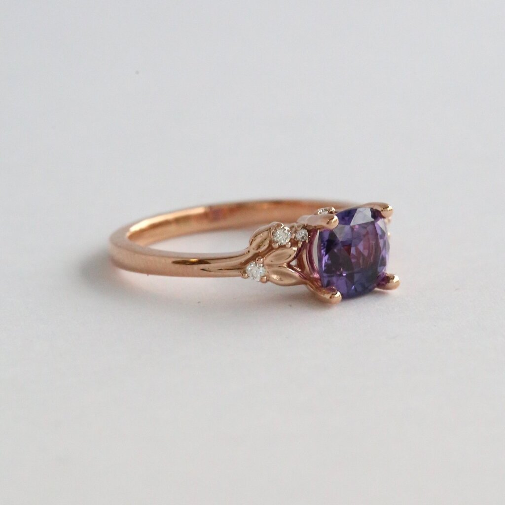 American Jewelry 14k Rose Gold 1.56ctw AAA Purple Sapphire w/ Diamond Leafy Accent Ring