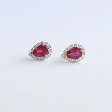 American Jewelry 14k White Gold .12ct Glass Filled Ruby .23ct Diamond Pear Halo Stud Earrings