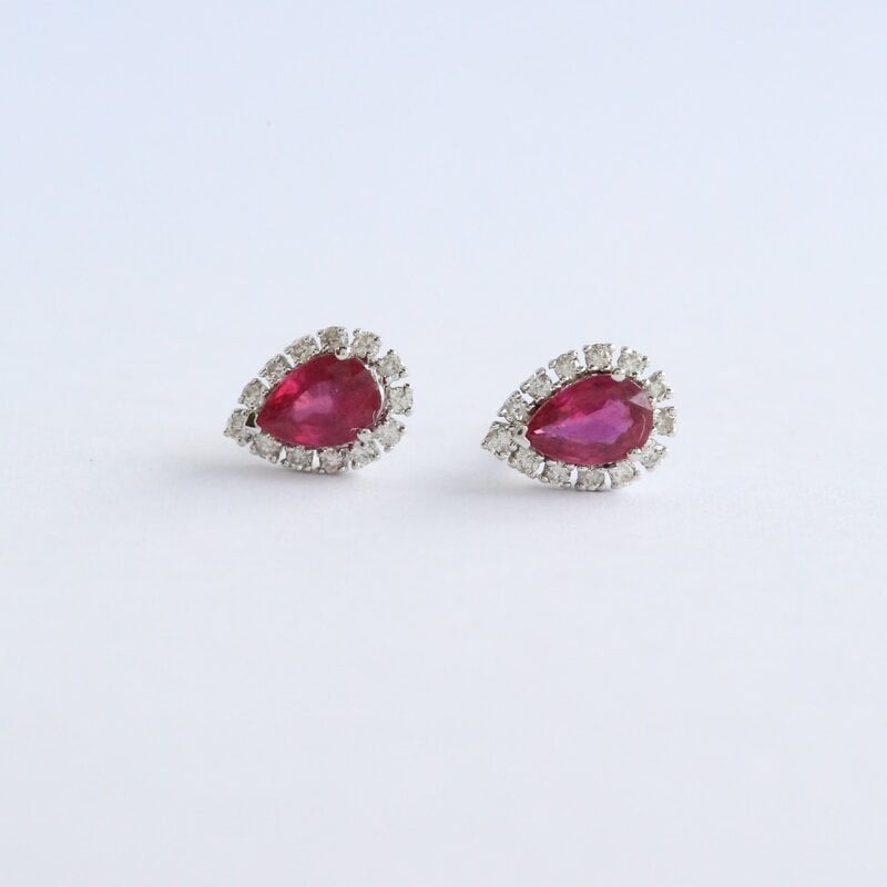 American Jewelry 14k White Gold .12ct  Glass Filled Ruby .23ct Diamond Pear Halo Stud Earrings