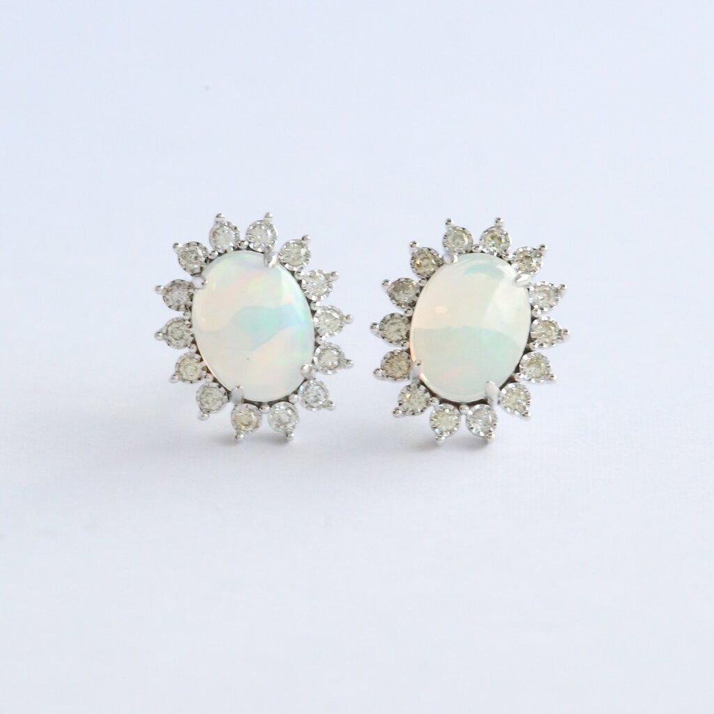 American Jewelry 14k White Gold .4ct Opal .25ct Diamond Halo Stud Earrings
