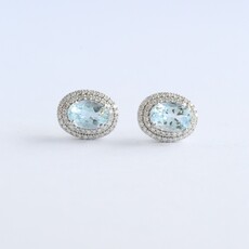 American Jewelry 14k White Gold 1.37ct Aquamarine .38ct Diamond Double Halo Stud Earrings