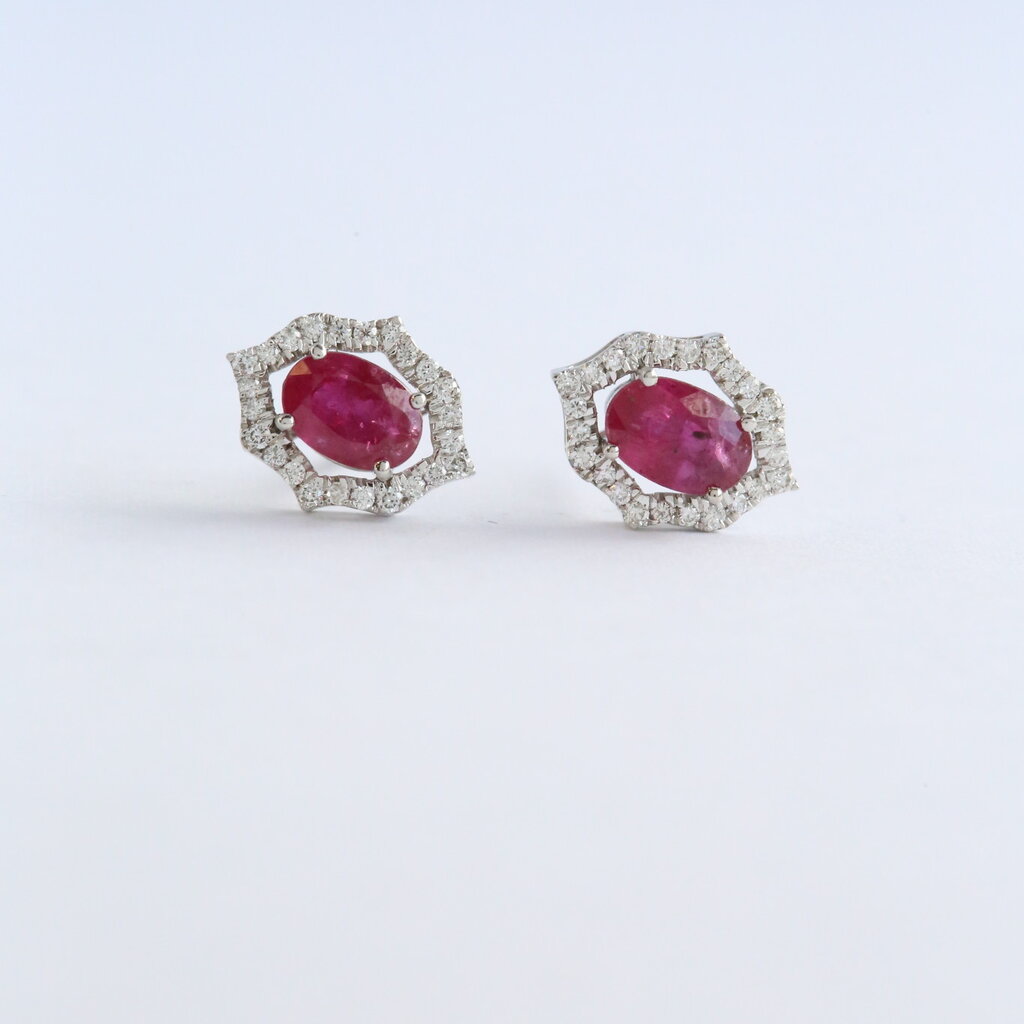 American Jewelry 14k White Gold 1.3ct Ruby .25ct Diamond Open Geometric Halo Earrings