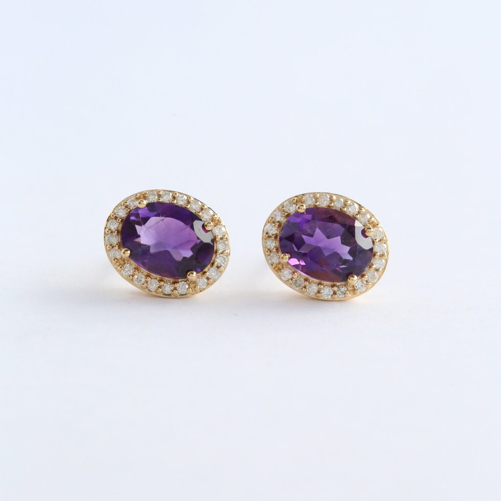 American Jewelry 14k Yellow Gold 2.4ct Amethyst .24ct Diamond Halo Stud Earrings