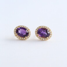 American Jewelry 14k Yellow Gold 2.4ct Amethyst .24ct Diamond Halo Stud Earrings