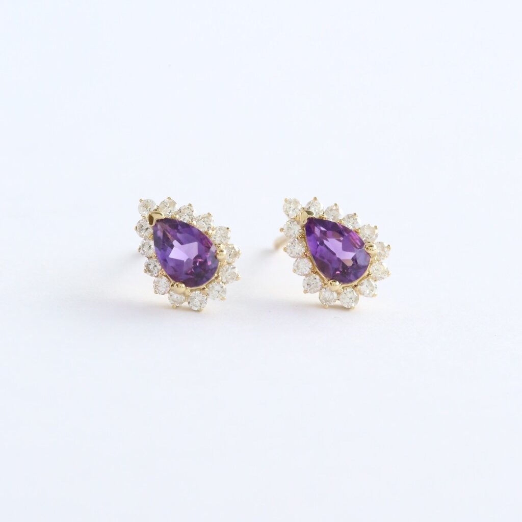 American Jewelry 14k Yellow Gold .80ct Amethyst .36ctw Diamond Pear Halo Earrings