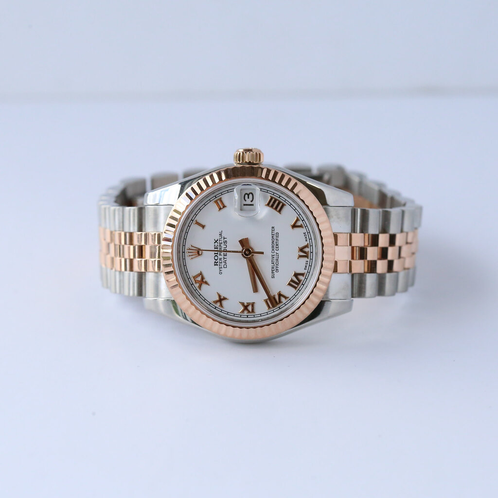 American Jewelry Preowned  Rolex Oystersteel & Everose Gold  Datejust with White Roman Dial & Fluted Bezel