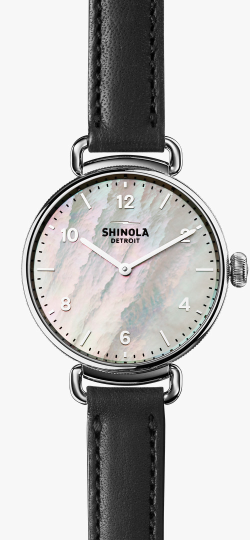 Shinola Canfield 32mm MOP Dial Black Leather Strap Watch
