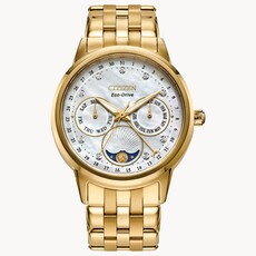 Citizen Citizen Eco Drive Ladies Gold Tone Calendrier Watch w/ White Dial & Jubilee Band