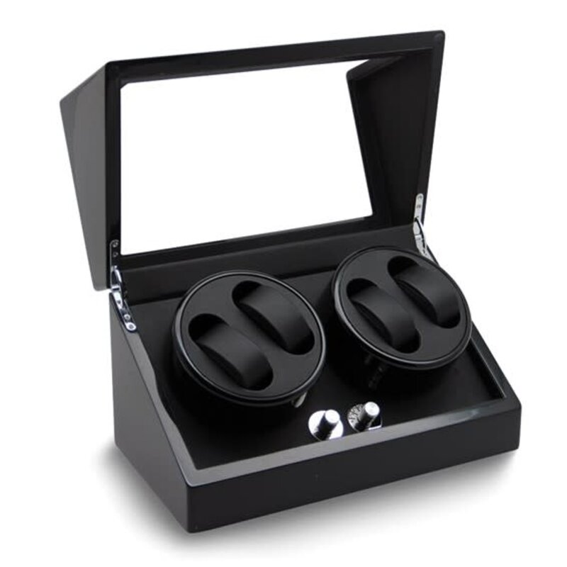 American Jewelry Rotations High Gloss Black Finish with Acrylic Window Velveteen Lined Wood Composite 4-Watch Winder