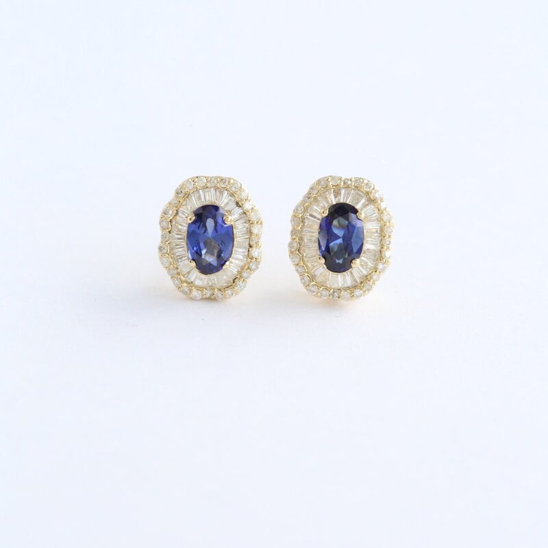 American Jewelry 14k Yellow Gold .98ct Sapphire .70ct Diamond Baguette, Round, Oval Double Halo Stud Earrings