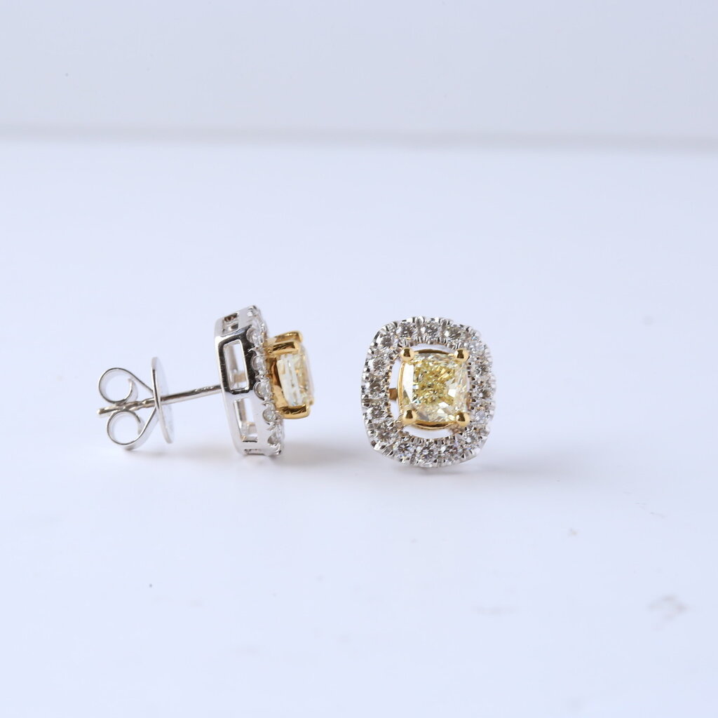 American Jewelry 18k Yellow & White Gold 2.01ctw (1.30ctrs) Fancy Yellow & White Radiant Cut Diamond Halo Earring Studs