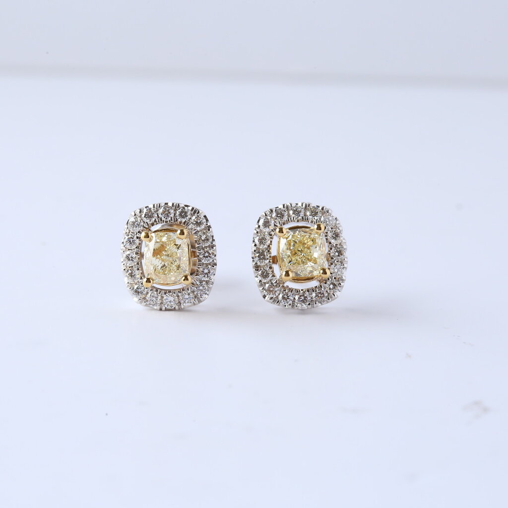 American Jewelry 18k Yellow & White Gold 2.01ctw (1.30ctrs) Fancy Yellow & White Radiant Cut Diamond Halo Earring Studs