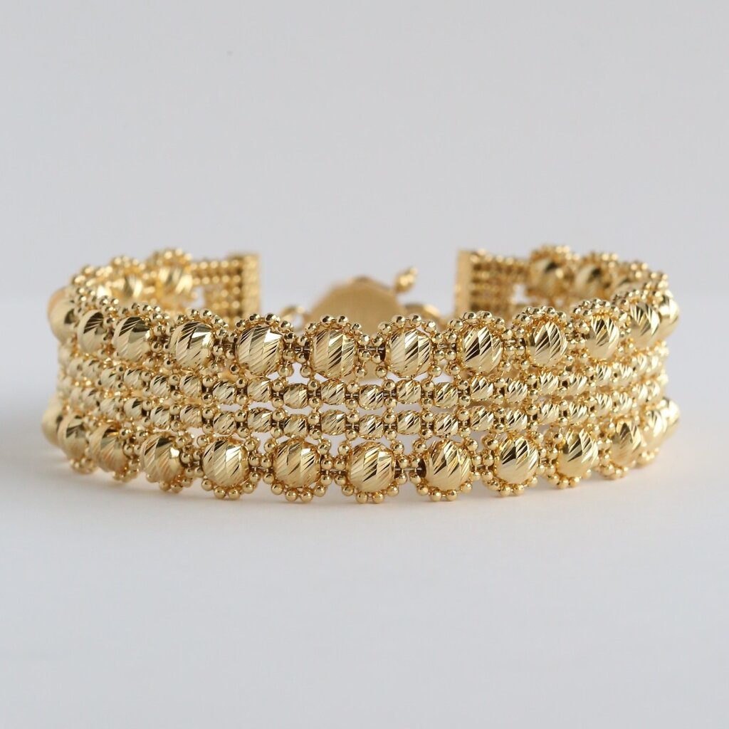 American Jewelry 14k Yellow Gold Quad Row Bead Open Bangle Bracelet