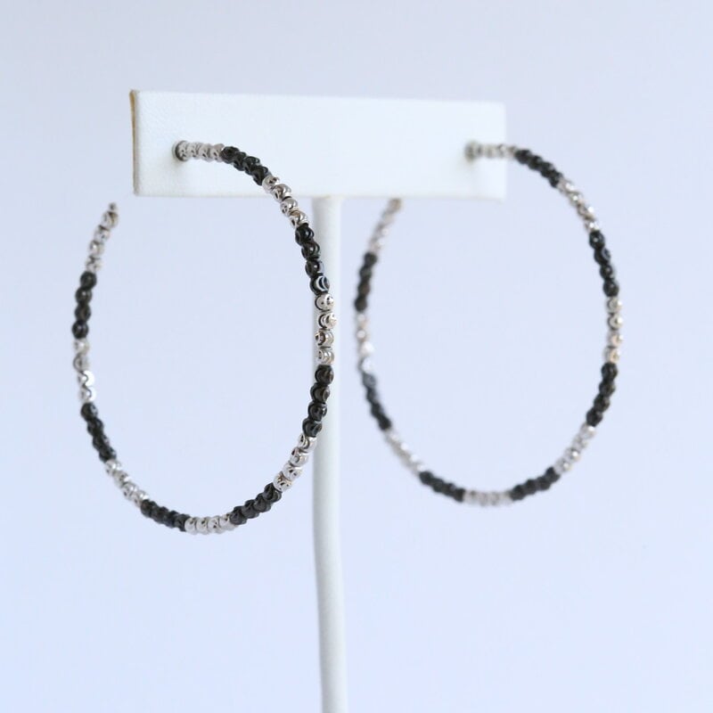 American Jewelry 10k White Gold & Black Enamel 50mm Bead Open Hoop Earrings