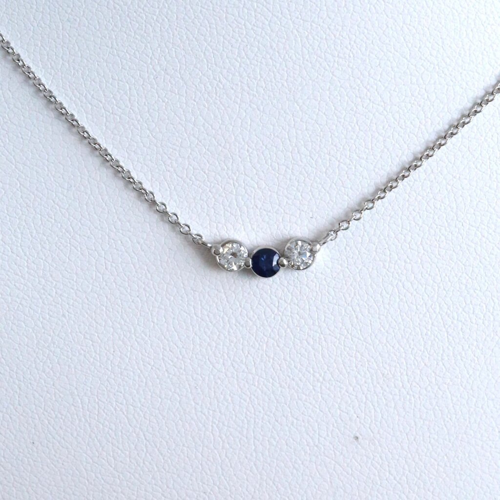 American Jewelry 14k White Gold 1/5ctw Diamond .10ct Sapphire Three Stone Necklace