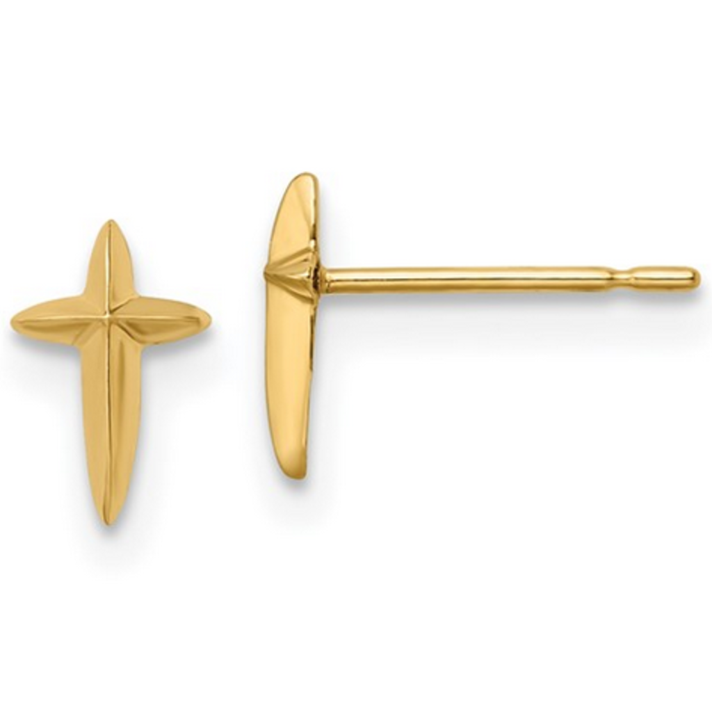 14k Yellow Gold Knife Edge Mini Cross Stud Earrings
