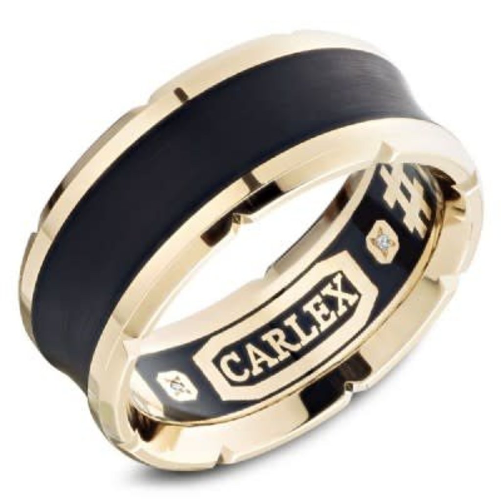 American Jewelry 18K Yellow Gold 9.5mm Gents Carlex Luxury Wedding Band with Black Carbon Inlay (.016ctw), Size 10