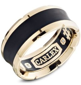 American Jewelry 18K Yellow Gold 9.5mm Gents Carlex Luxury Wedding Band .016ctw, Black Carbon Inlay, Size 10