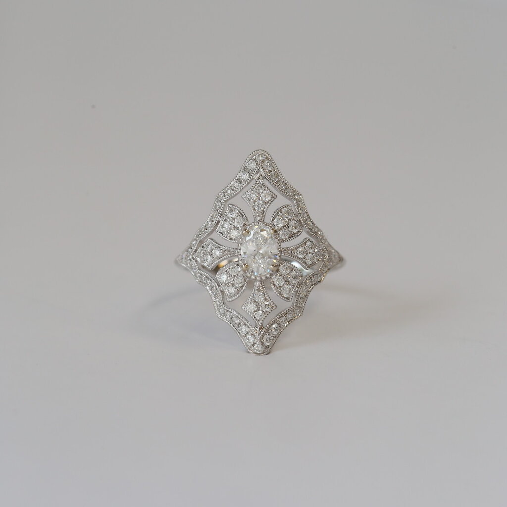 14k White Gold .83ctw (.37ct F/VS Oval Diamond) Vintage Milgrain Ring (Size 6.5)