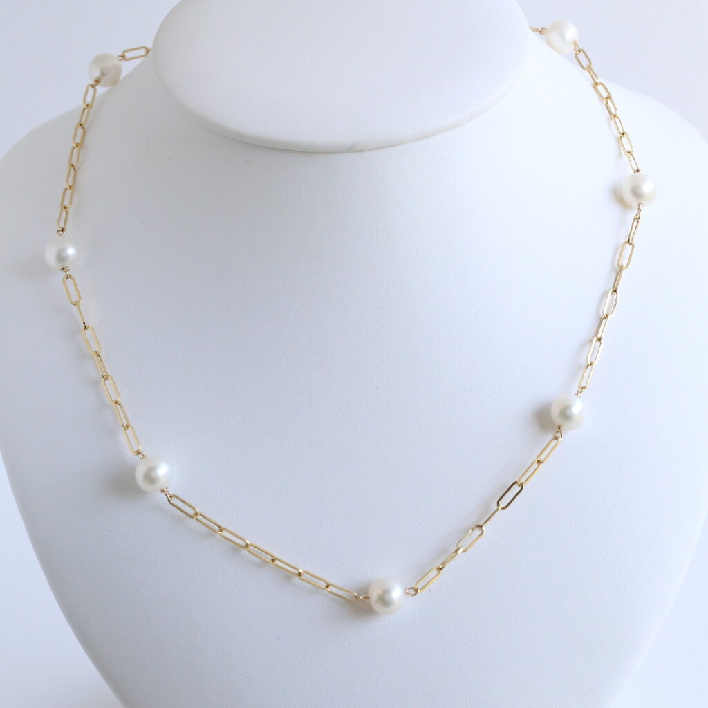 American Jewelry 14k Yellow Gold 8mm Akoya Pearl Paperclip Link Necklace (18")
