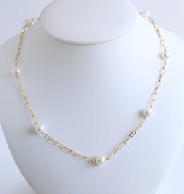 American Jewelry 14k Yellow Gold 8mm Akoya Pearl Paperclip Link Necklace (18")