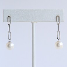 American Jewelry 14k White Gold 9mm Akoya Pearl Paperclip Link Dangle Earrings