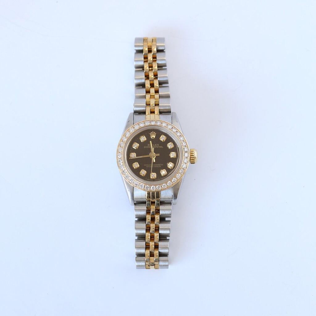 Pre-Owned Ladies Two-Tone Rolex Oyster Perpetual with Diamond Bezel and Markers