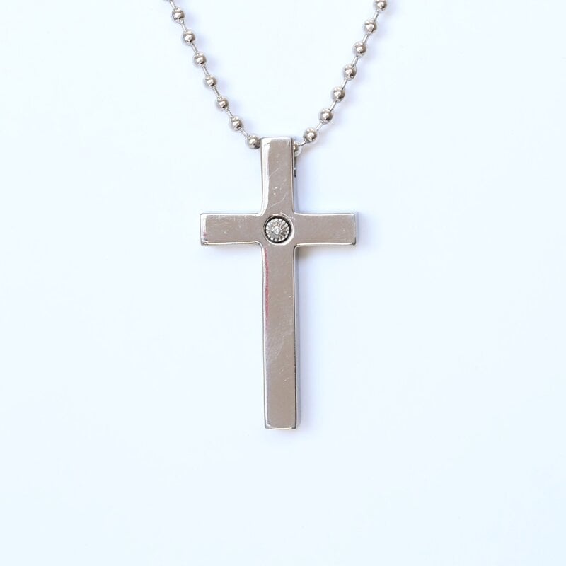 Titanium Polished with .05 Diamond Cross Necklace with Ball Chain (22 ")