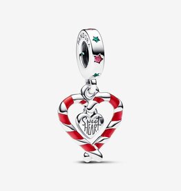 Pandora PANDORA Charm, Double Candy Cane Heart Christmas Dangle, Red Enamel