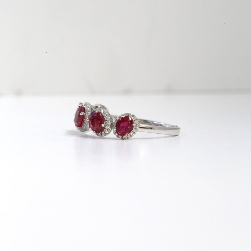 18k White Gold .20ct Diamonds and 2.90ct Ruby Tilted Halo Ring (Size 6.75)