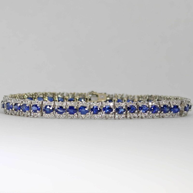 American Jewelry 14k White Gold 8.75ctw Oval Blue Sapphire & 2.42ctw Diamond 7" Ladies Bracelet