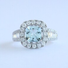 American Jewelry 14k White Gold 1.24ctw Aquamarine 1.12ct Baguette & Round Diamond Halo Ring (Size 7)