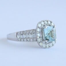 American Jewelry 14k White Gold 1.24ctw Aquamarine 1.12ct Baguette & Round Diamond Halo Ring (Size 7)