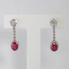 American Jewelry 18k White Gold 2ctw Oval Ruby & .83ctw Diamond Halo Dangle Earrings