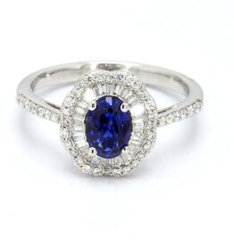 American Jewelry 14k White Gold 1ct Oval Blue Sapphire & .50ctw Round & Baguette Diamond Halo Ring (Size 7)