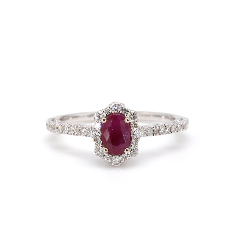 American Jewelry 14k White Gold .59ct Oval Ruby & .42ctw Diamond Halo Ladies Ring (Size 6.75)