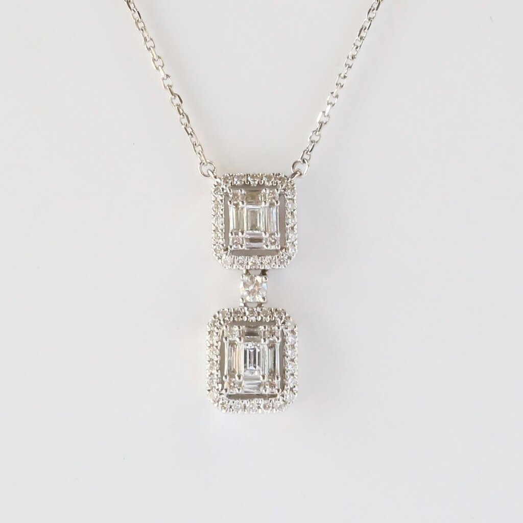 18k White Gold .45ct Baguette Cluster and Round Diamond Halo Pendant (16"-18" Adjustable)