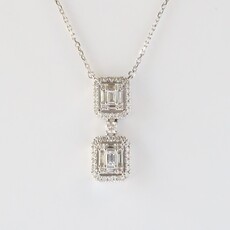 18k White Gold .45ct Baguette Cluster and Round Diamond Halo Pendant (16"-18" Adjustable)
