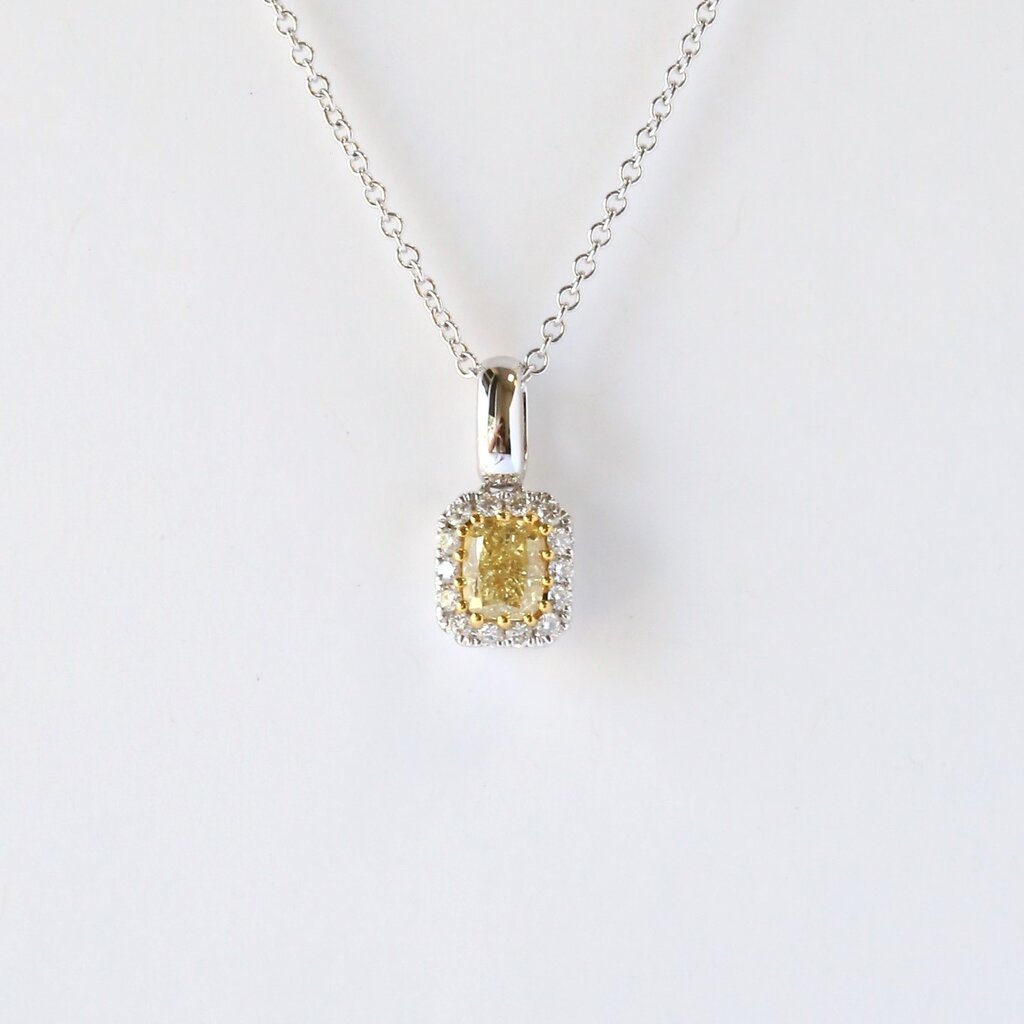 18k White Gold .41ct Fancy Yellow Cushion Diamond Halo Pendant (18")