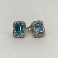 American Jewelry 14k White Gold Emerald Cut Blue Topaz & 1/2ctw Diamond Halo Earrings