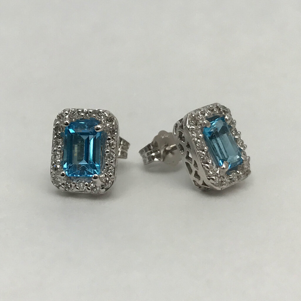 American Jewelry 14k White Gold Emerald Cut Blue Topaz & 1/2ctw Diamond Halo Earrings