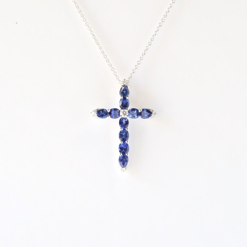 18k White Gold .13ct Diamond and 2.13ct Oval Blue Sapphire Cross Pendant (18" with Adjustable Slide)