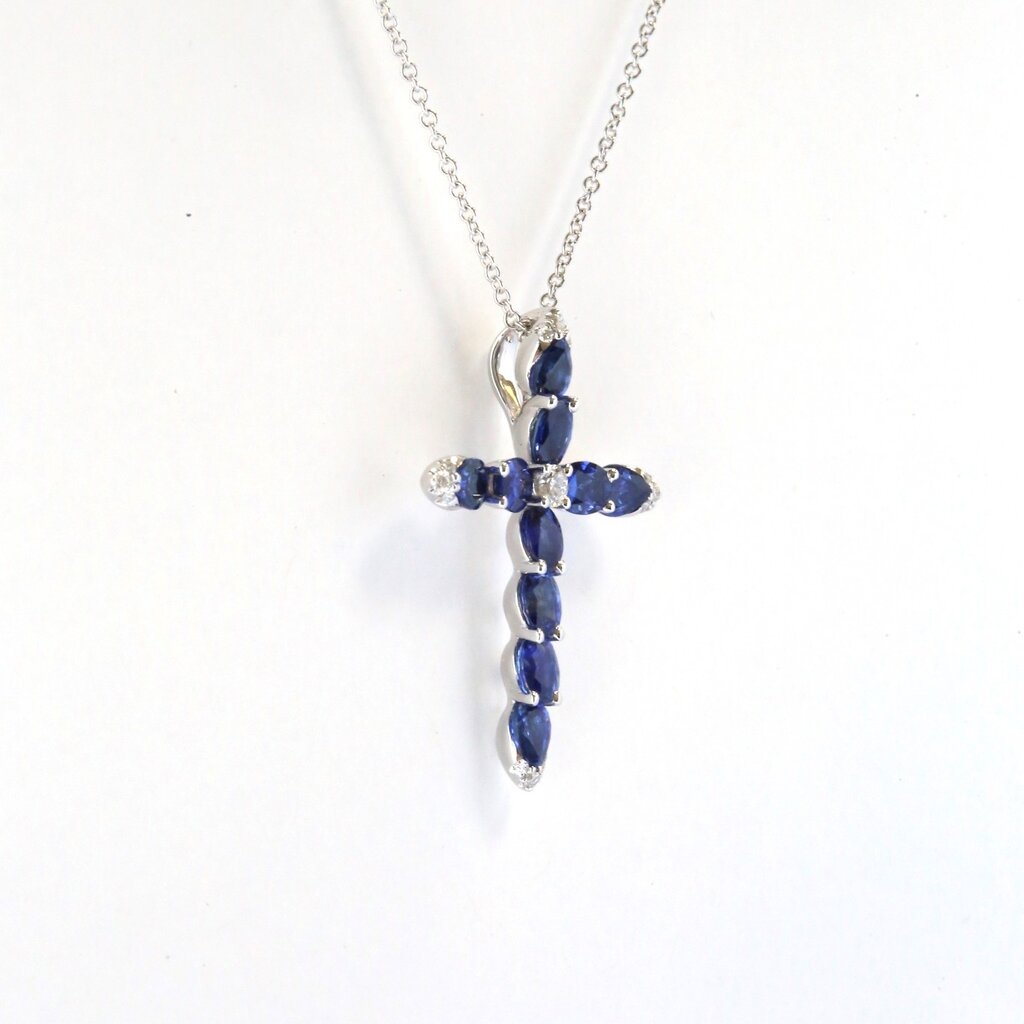 18k White Gold .13ct Diamond and 2.13ct Oval Blue Sapphire Cross Pendant (18" with Adjustable Slide)