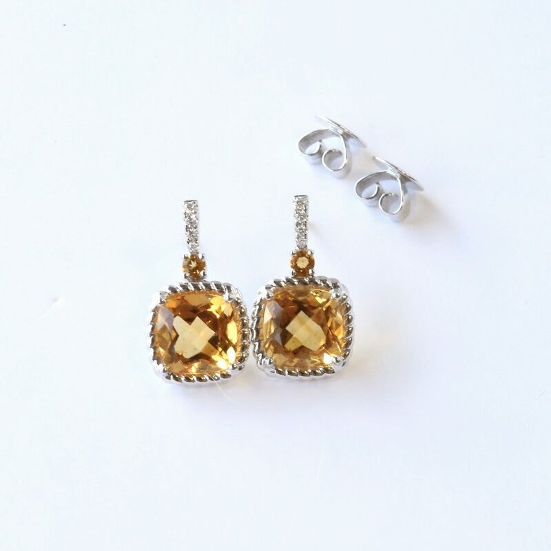18k White Gold .06ct Diamond and 4.42ct Citrine Cushion with Rope Halo Earrings