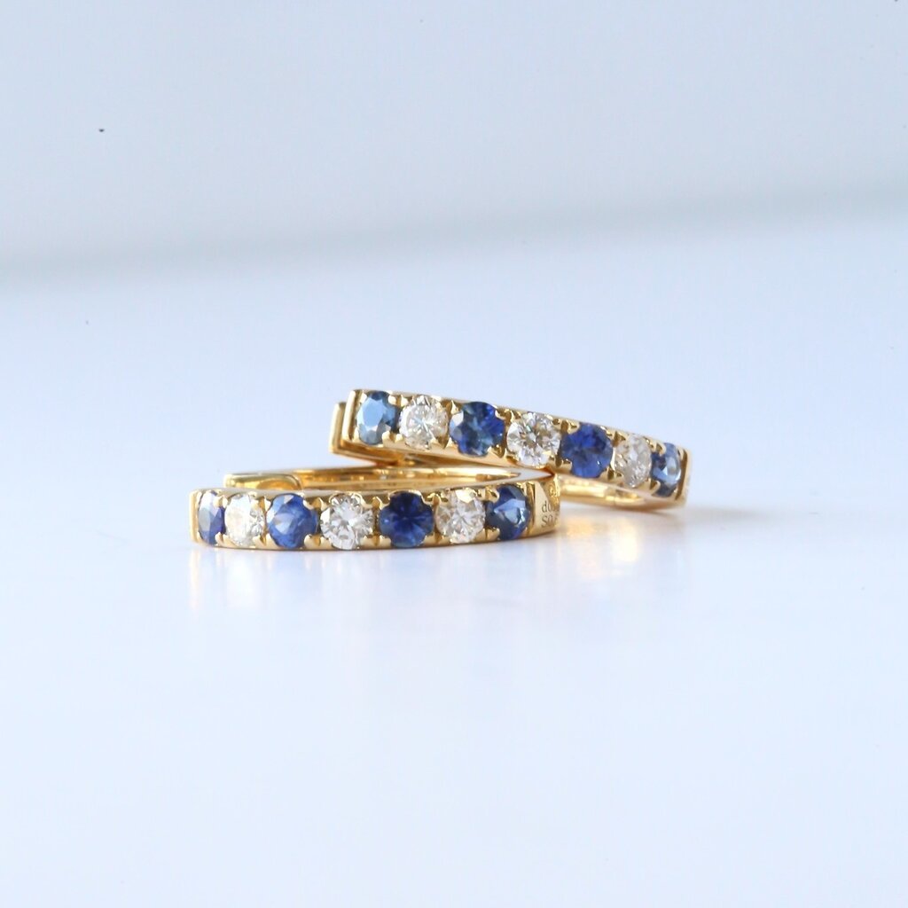 18k Yellow Gold .30ct Diamond and .61ct Blue Sapphire 15mm Alternating Hoop Earrings