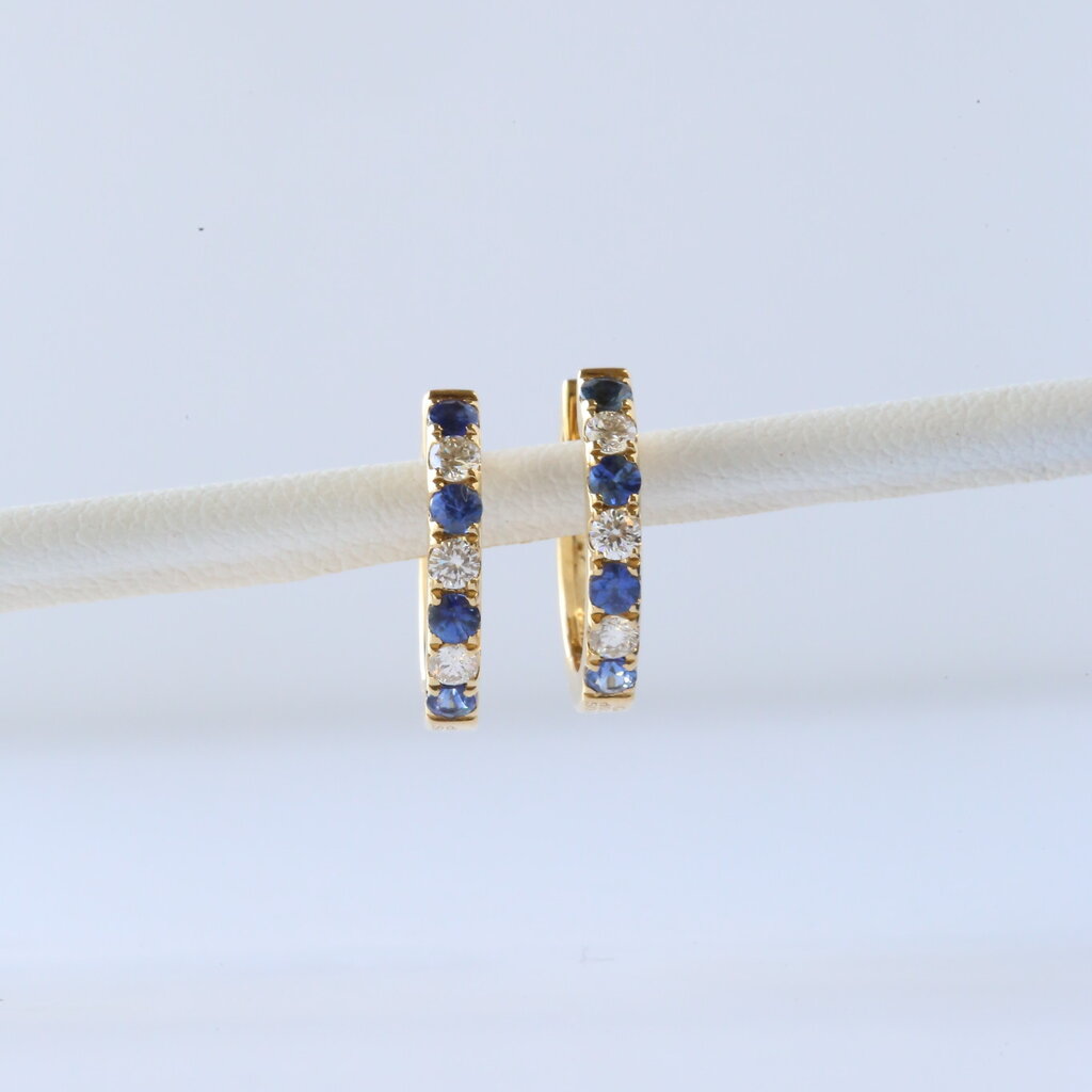 18k Yellow Gold .30ct Diamond and .61ct Blue Sapphire 15mm Alternating Hoop Earrings